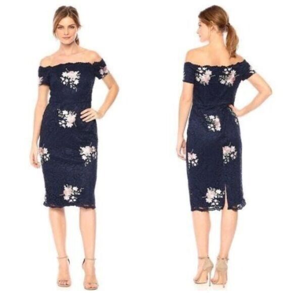 Nicole Miller Women's Strapless Laced Floral Off The Shoulder Midi Dress Navy 6 - Picture 1 of 16